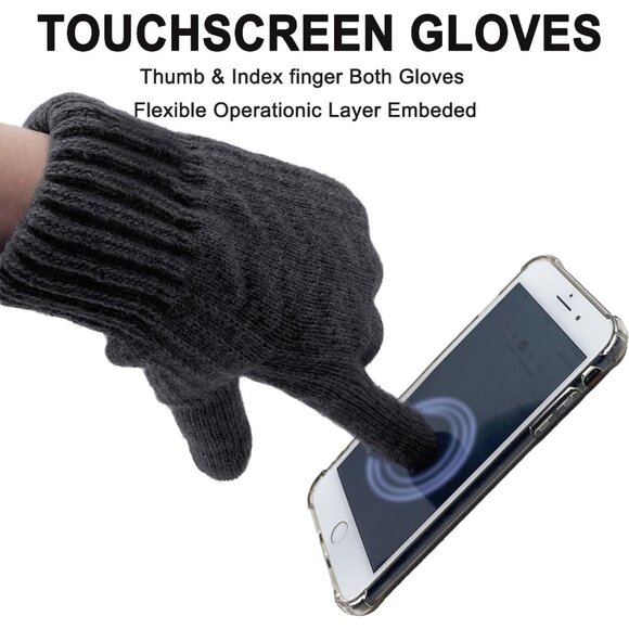 Men's Black Winter Warm Touch Screen with Fleece Lining Thermal Knit Gloves - Picture 2 of 6